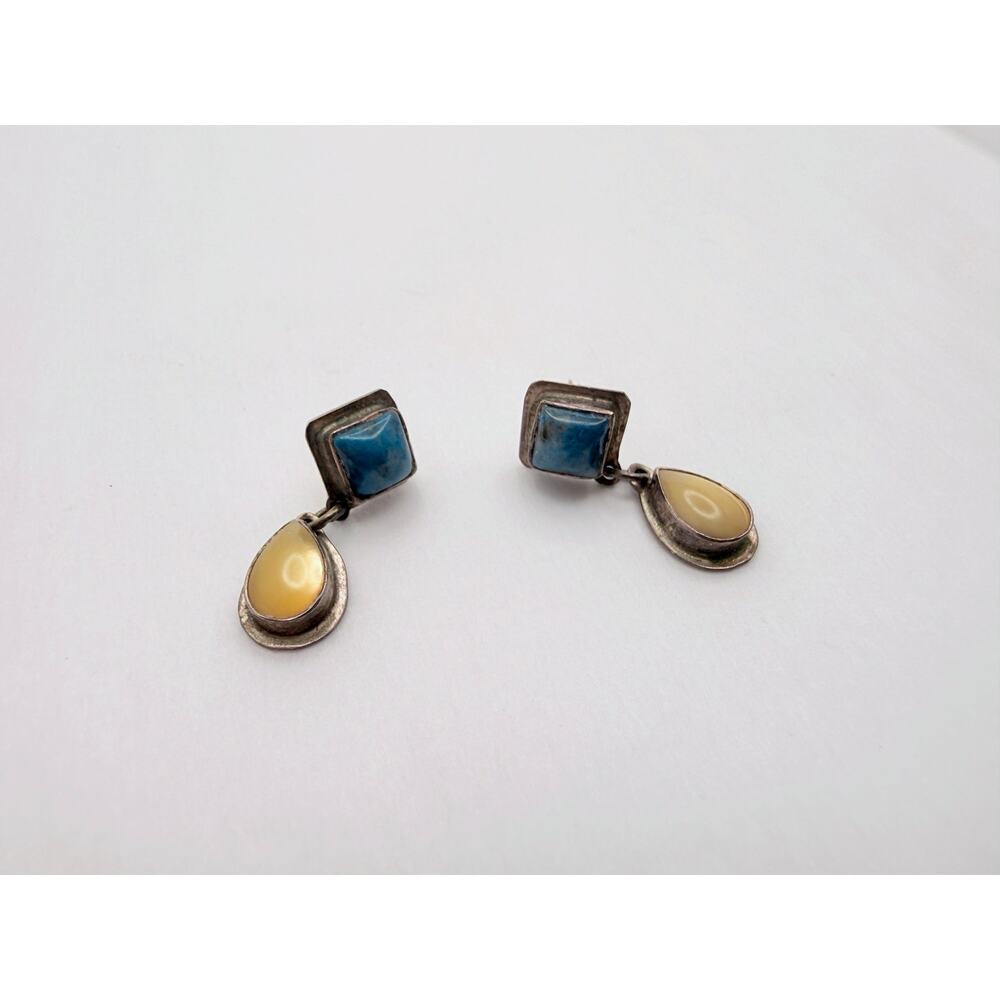 Vintage Southwestern Sterling Silver Dangle Earrings Blue & Yellow Stones 925